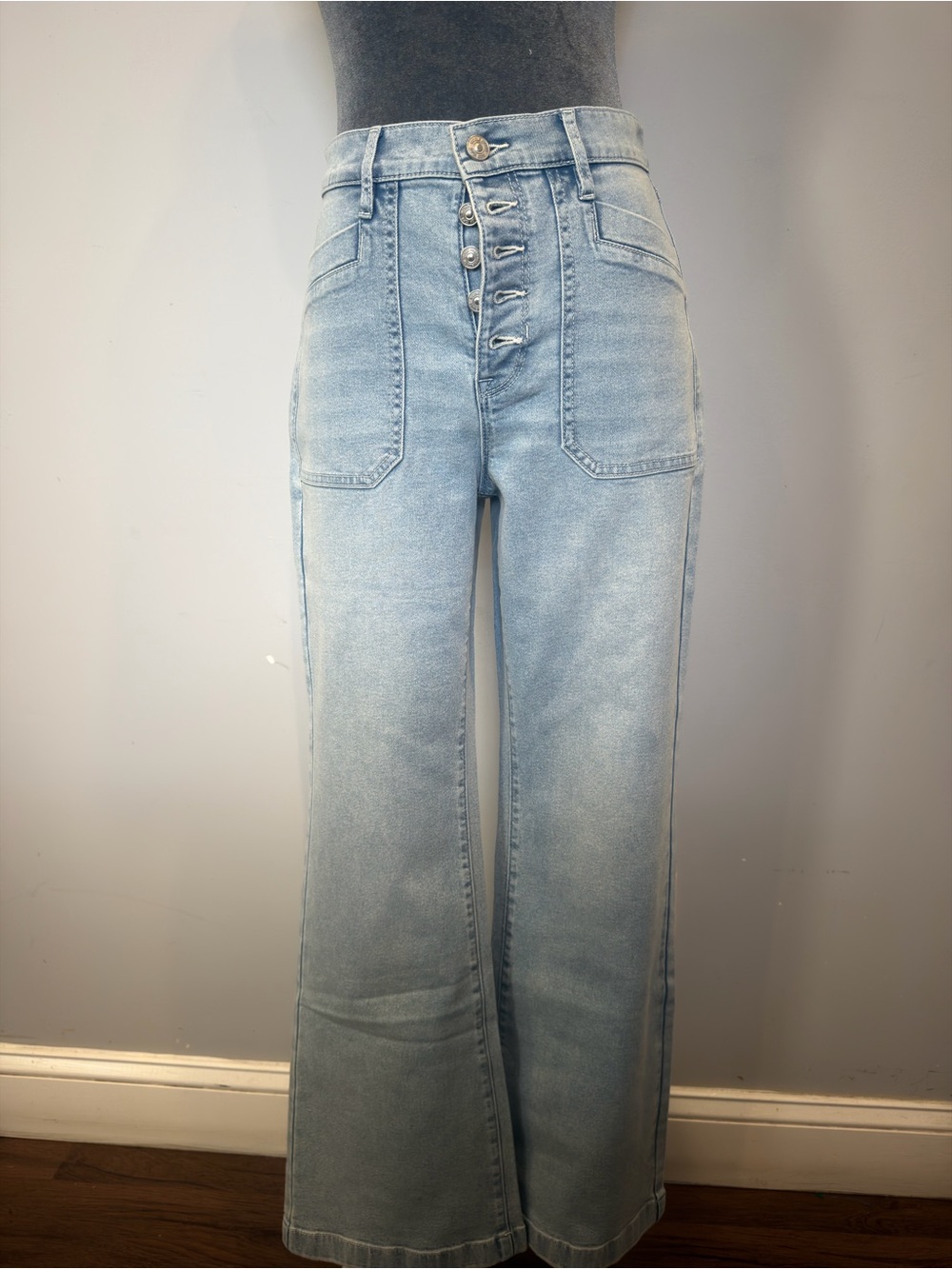 Nicole Miller Faded Light Blue Wide-Leg High Waist Jeans with Button Fly